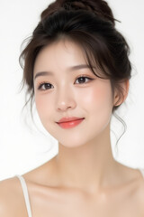 Naklejka premium Female Asian Model with Short Hair - Young Beautiful Woman with Hair Bun - Studio Portrait of Asian Beauty for Fashion, Cosmetic, Skincare - Posing on White Background - Smooth Tied Hair