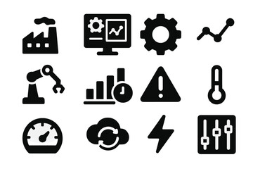 Digital Factory Icons. Digital factory dashboard. Solid icon set of digital factory dashboard: factory building, dashboard screen, gear icon, data graph,