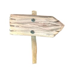 A wooden shabby signpost in the shape of an arrow, hand-drawn with watercolors, on an isolated background, for organizing events, decorating posters, banners, landscapes, stickers, decals, packaging. © Olga