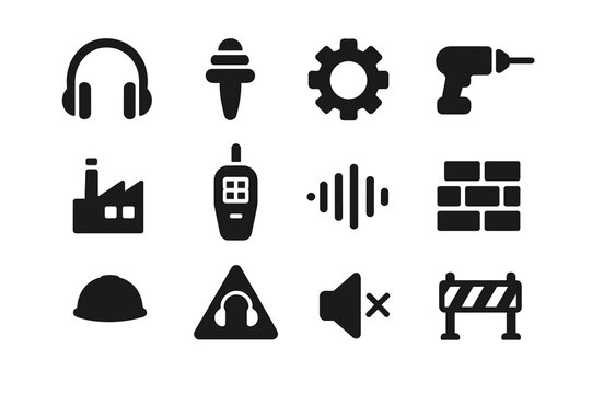 Workplace Noise Icons. Workplace Noise Reduction. Solid icon set of Workplace Noise Reduction: headphone, earplug, gear, drill, factory, decibel meter, sound
