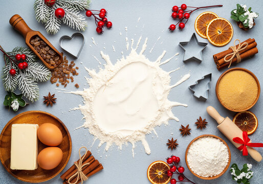 Christmas baking flat lay with ingredients, spices, and cookie cutters. Festive holiday recipe concept on a blue background with copy space.
