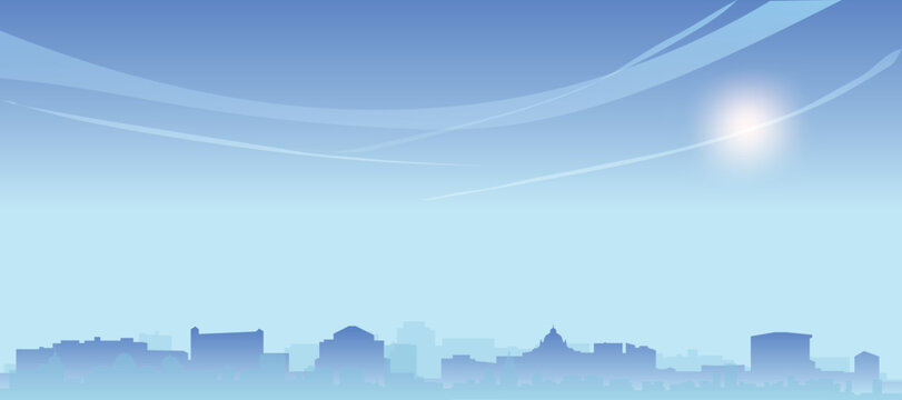 Blue panoramic poster of the city skyline with misty background buildings and clouds of BUCHAREST, ROMANIA