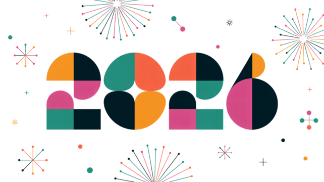 Vibrant geometric 2026 numerals celebrate a colorful, modern new year