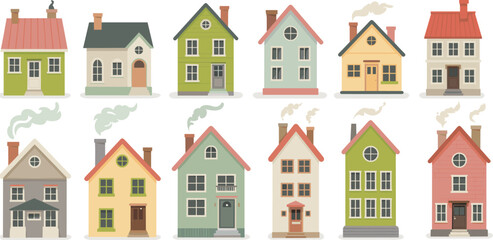 Stylized house illustration set featuring diverse architectural styles, roof types, and chimney details for design and storytelling themes.