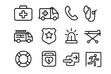 Emergency Icon Set. Emergency response. Line icon set of emergency response: first aid kit, ambulance, phone, fire truck, police badge, siren, oxygen mask,