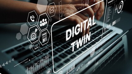Hands on Keyboard with Digital Twin Concept and Futuristic Technology Interface Displaying Data and Analytics. Asymptotic smart data analytic.