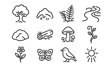 Obraz premium Enchanted Woods Icons. Enchanted Woods. Line icon set of Enchanted Woods: tree, moss, fern, dirt path, rock, fallen log, mushroom, vine, wildflower, butterfly,