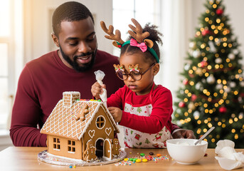 Happy Black father and daughter decorating a gingerbread house together for Christmas at home.