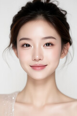 Fototapeta premium Female Asian Model with Short Hair - Young Beautiful Woman with Hair Bun - Studio Portrait of Asian Beauty for Fashion, Cosmetic, Skincare - Posing on White Background - Smooth Tied Hair