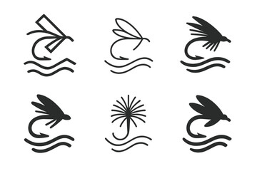 Fototapeta premium Fly Fishing Logo Set. Fly fishing and outdoor adventure. Icon set. Set Logo of river fly. harmonious logo variations of the same emblematic concept (Abstract