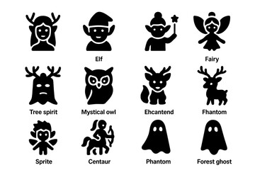 Fototapeta premium Forest Spirit Icons. Forest spirits. Solid icon set of forest spirits: dryad, elf, gnome, fairy, tree spirit, mystical owl, magical fox, enchanted deer,