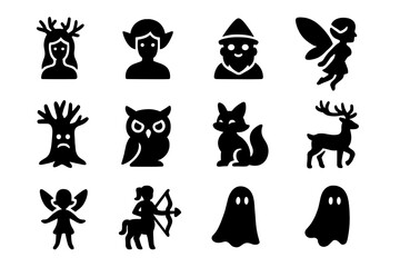 Fototapeta premium Forest Spirit Icons. Forest spirits. Solid icon set of forest spirits: dryad, elf, gnome, fairy, tree spirit, mystical owl, magical fox, enchanted deer,
