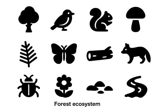 Forest Ecosystem Icons. Forest ecosystem. Solid icon set of Forest ecosystem: tree, bird, squirrel, mushroom, fern, butterfly, fallen log, fox, raccoon,