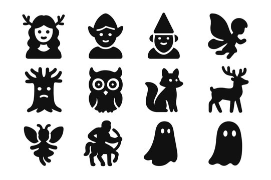 Forest Spirit Icons. Forest spirits. Solid icon set of forest spirits: dryad, elf, gnome, fairy, tree spirit, mystical owl, magical fox, enchanted deer,