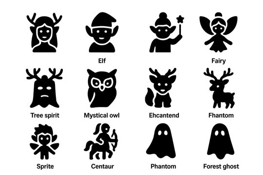 Forest Spirit Icons. Forest spirits. Solid icon set of forest spirits: dryad, elf, gnome, fairy, tree spirit, mystical owl, magical fox, enchanted deer,