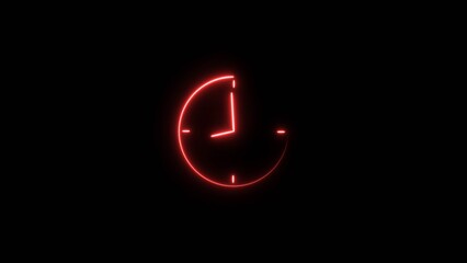 Clock icon neon light 24 Hour Day Fast Speed. Red circle digital and analog clock neon looped black background 4k illustration.