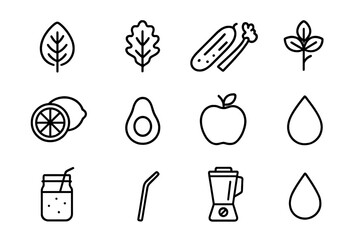 Green Smoothie Icons. Green smoothies. Line icon set of green smoothies: spinach leaf, kale, cucumber, celery, lime, avocado, green apple, mint, glass jar,