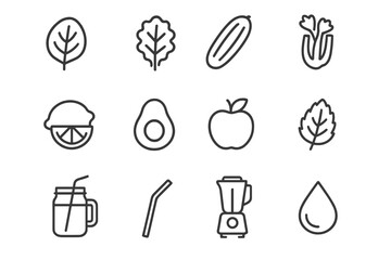 Green Smoothie Icons. Green smoothies. Line icon set of green smoothies: spinach leaf, kale, cucumber, celery, lime, avocado, green apple, mint, glass jar,