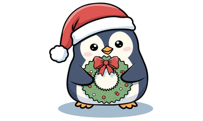 Cute cartoon penguin wearing a Santa hat and holding a Christmas wreath