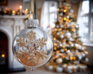 A silver ornament with snowflake design hangs in a warm living room with a festive tree lit up in the background