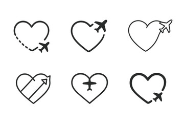 Heart Route Logos. Long-Distance Relationships and Communication. Icon set. Set Logo of Long-Distance Relationships and Communication: airplane route forming a