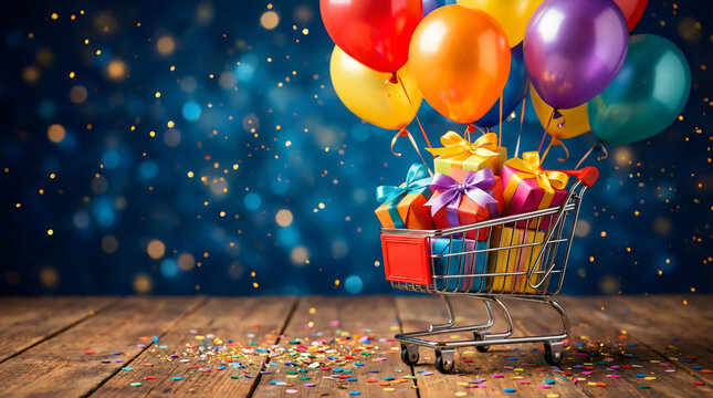 Celebration gifts balloons shopping cart birthday party confetti bokeh background festive fun event joy 100