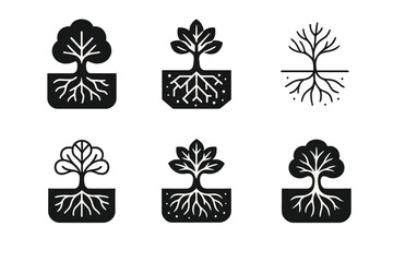 Humus Logo Variations. Humus. Icon set. Set Logo of humus: tree roots anchored in humus-rich layer. harmonious logo variations of the same emblematic concept,