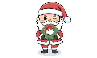Cartoon Santa Claus winking and holding a Christmas wreath