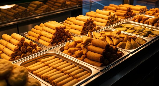 Golden fried spring rolls and samosas displayed in trays for catering event or restaurant buffet style presentation
