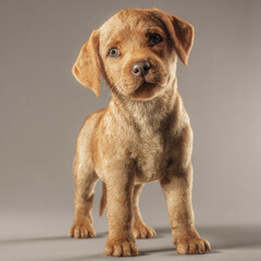 Obraz premium Adorable Fawn Colored Puppy with Soft, Textured Fur and Large Expressive Eyes Standing and Posing Confidently in a Professional Studio Setting on a Solid Neutral Gray Background