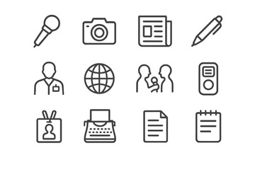 Journalism Icon Set. Journalism. Line icon set of journalism: microphone, camera, newspaper, pen, reporter, globe, interview, voice recorder, press badge,