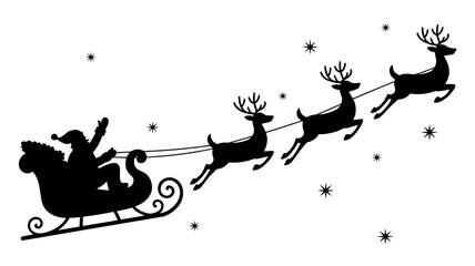 A black silhouette of Santa Claus in his sleigh pulled by four reindeer, flying against a starry white background.