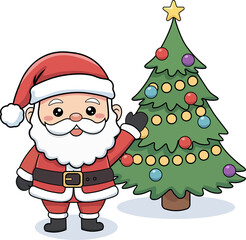 Santa Claus with a decorated Christmas tree, cartoon illustration