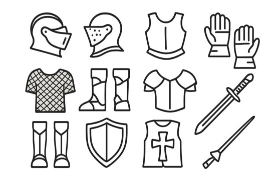 Knight Armor Icons. Knight Armor Details. Line icon set of Knight Armor Details: helmet, visor, breastplate, gauntlets, chainmail, boots, pauldrons, greaves,