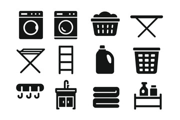 Laundry Icon Set. Laundry room. Solid icon set of Laundry room: washing machine, dryer, laundry basket, ironing board, drying rack, shelf unit, detergent