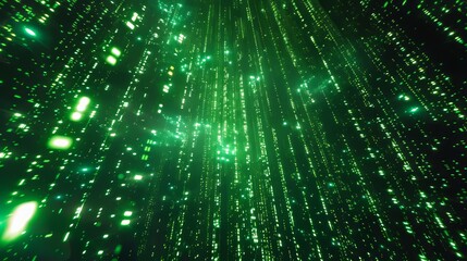 Abstract background of green digital data streams. Falling matrix style code representing technology and cyberspace