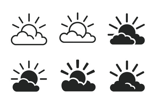 Light Rays Logos. Light Through Clouds. Icon set. Set Logo of Light Through Clouds: dawn rays spreading outward. harmonious logo variations of the same