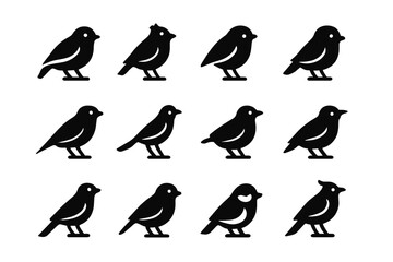 Fototapeta premium Meadow Birds Icons. Meadow birds. Solid icon set of Meadow birds: sparrow, lark, robin, finch, swallow, wagtail, blackbird, goldfinch, skylark, warbler,