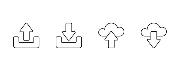 Download and upload icon button set. Icon symbol for download, upload, send file, document, receive, cloud upload, cloud download, cloud storage. Vector icon illustration.