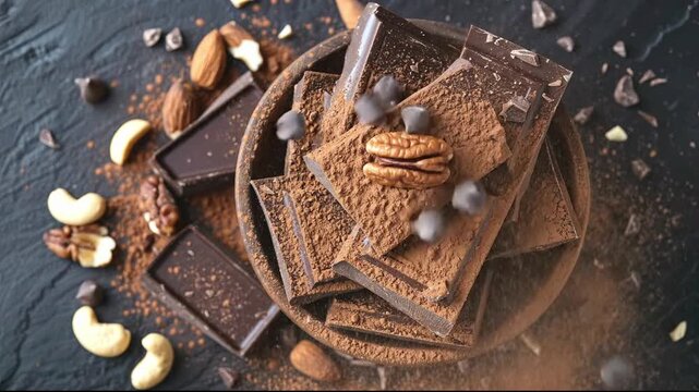 An overhead view of cocoa powder falling into a wooden bowl of dark chocolate pieces with almonds cashews and pecans scattered on a dark textured surface