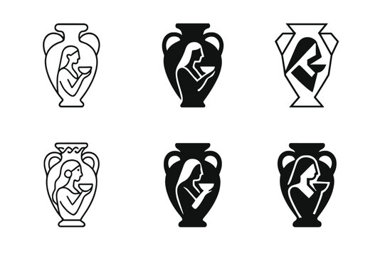Medea Logo Variations. Medea. Icon set. Set Logo of Medea: Greek amphora. harmonious logo variations of the same emblematic concept, each with different