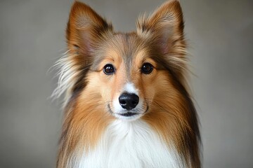 Shetland Sheepdog with Expressive Eyes Gazing on Gray Canvas, Beautiful Tan Coat, Fluffy Friend