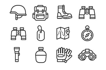 Military Gear Icons. Military gear. Line icon set of military gear: helmet, backpack, boots, rifle, binoculars, dog tag, map, compass, flashlight, canteen,