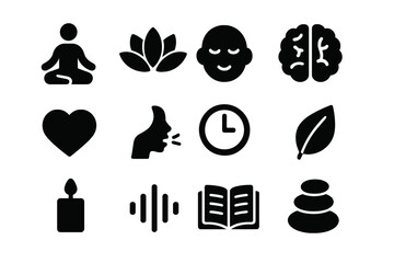 Mindfulness Icon Set. Learning mindfulness for stress relief. Solid icon set of Learning mindfulness for stress relief: meditation pose, lotus position, calm