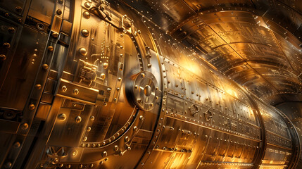 Gleaming golden vault with intricate engravings and rivets for luxury and security