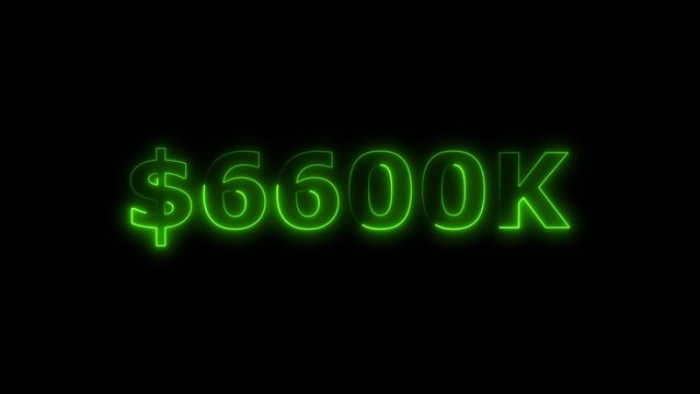 Lime green color neon bright $6600K number for finance and success themed 4k illustration. Perfect for financial 4k illustration. Digital or currency Maney themes. Black background 4k illustration.