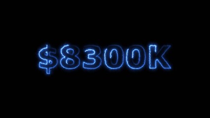 Royal blue color neon bright $8300K number for finance and success themed 4k illustration. Perfect for financial 4k illustration. Digital or currency Maney themes. Black background 4k illustration.