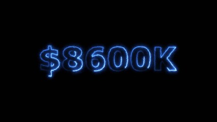 Royal blue color neon bright $8600K number for finance and success themed 4k illustration. Perfect for financial 4k illustration. Digital or currency Maney themes. Black background 4k illustration.