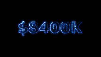 Royal blue color neon bright $8400K number for finance and success themed 4k illustration. Perfect for financial 4k illustration. Digital or currency Maney themes. Black background 4k illustration.