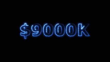 Royal blue color neon bright $9000K number for finance and success themed 4k illustration. Perfect for financial 4k illustration. Digital or currency Maney themes. Black background 4k illustration.